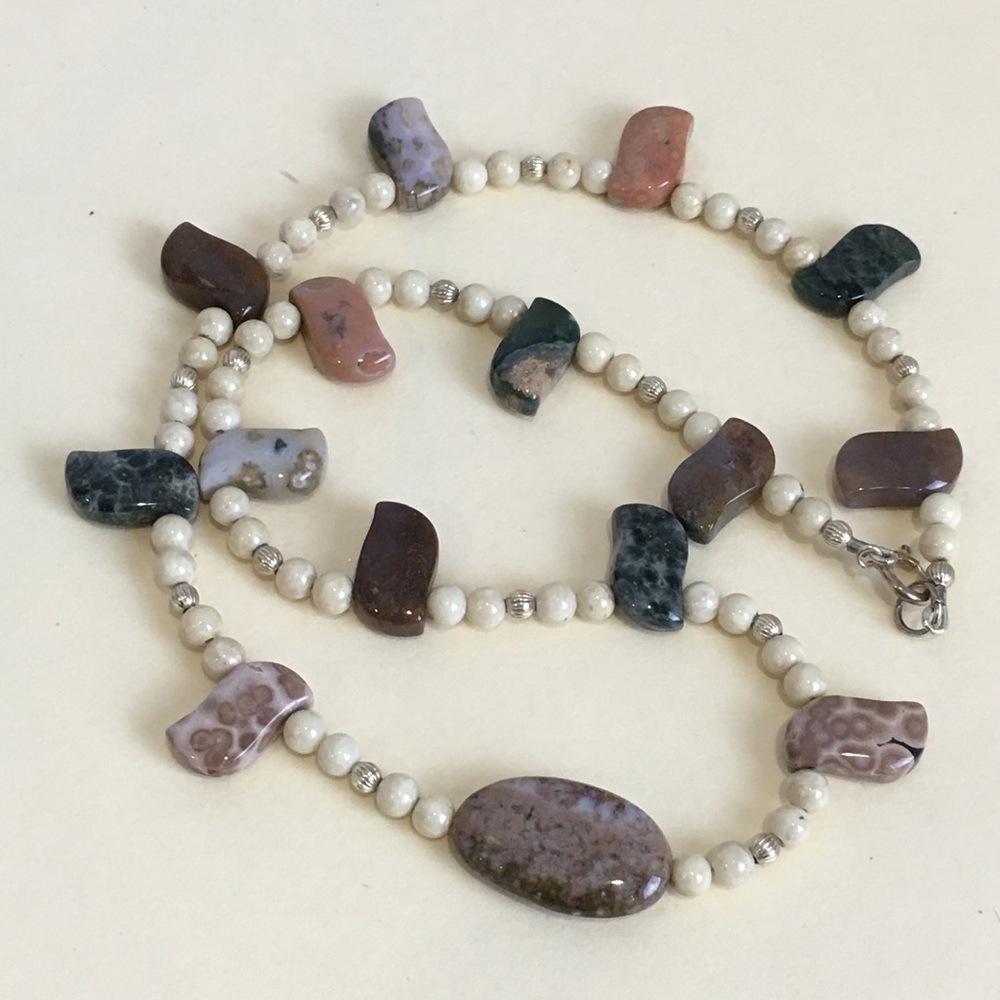 Ocean Jasper River Stone Sterling Silver Beads Stones Necklace Women’s 17 inches